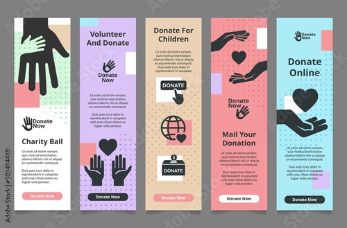 Collection volunteer and donate vertical landing page internet poster template vector illustration