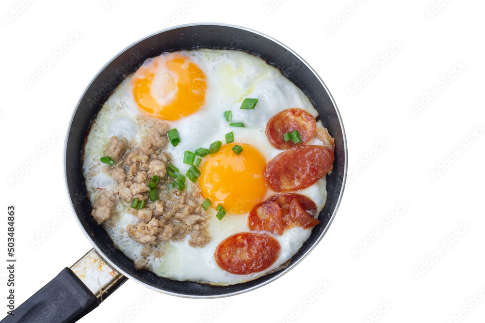 Top view of Pan-fried egg with toppings is breakfast in Thai style isolated on white background included clipping path.
