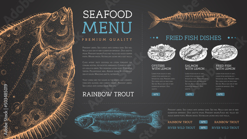 Chalk drawing seafood restaurant menu design with hand drawing fish. Vector illustration