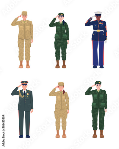 Officers in uniforms semi flat color vector characters set. Standing figures. Full body people on white. Military service simple cartoon style illustration for web graphic design and animation pack