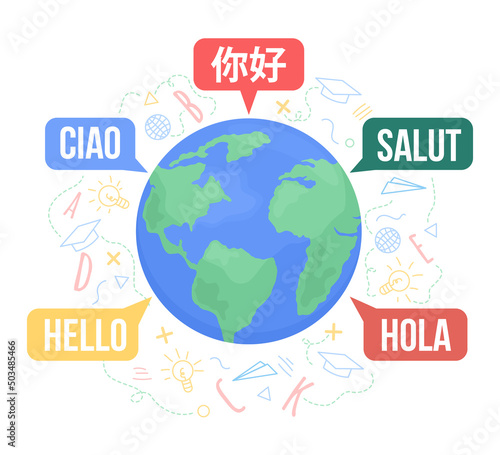 Multilingual world 2D vector isolated illustration. Hello in different languages flat object on cartoon background. Colourful scene for mobile, website, presentation. Bebas Neue, KozGoPr6N fonts used