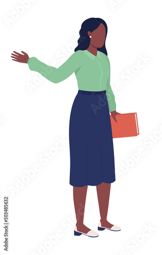Female middle school teacher semi flat color vector character. Posing figure. Full body person on white. Teaching pupils in class simple cartoon style illustration for web graphic design and animation