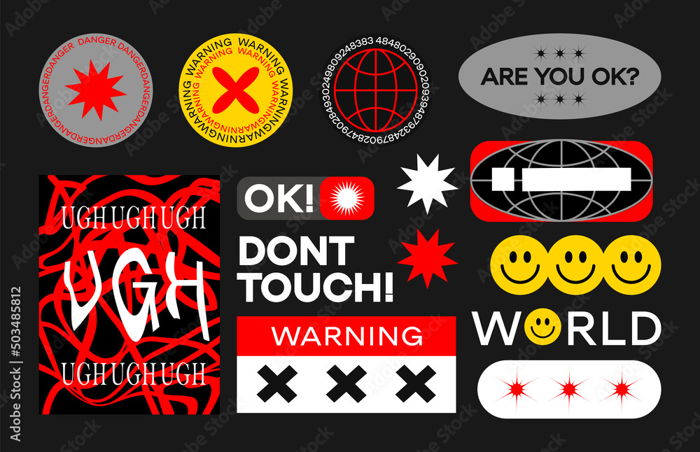 Collection of various patches, labels, tags, stickers, stamps. danger, warning in acid style. Vector set, trendy promo labels