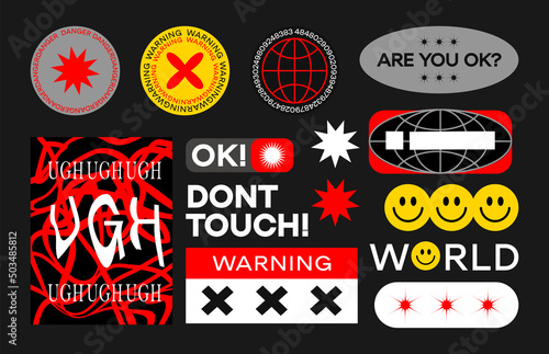 Collection of various patches, labels, tags, stickers, stamps. danger, warning in acid style. Vector set, trendy promo labels