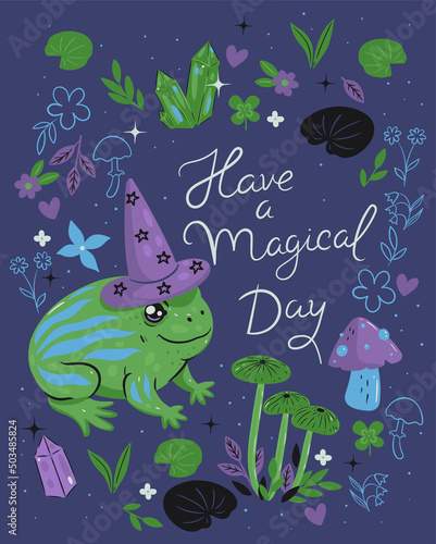 Postcard with magic toad, mushrooms and crystals. Vector graphics.