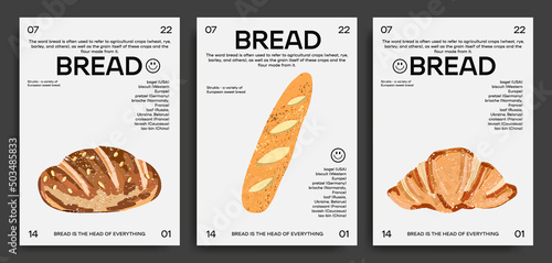 Collection of trendy posters with bread products and fresh pastries on an isolated background.Baguette, croissant, bun. for printing, wall decor. abstract design, typography