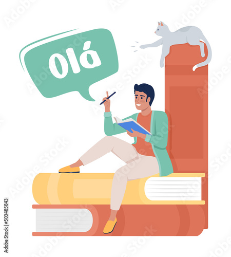 Man practicing portuguese language semi flat color vector character. Full body person on white. Simple cartoon style illustration for web graphic design and animation. Nerko One Regular font used