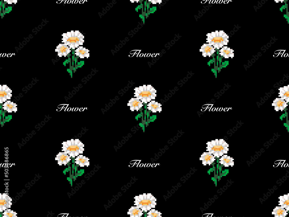 Flower cartoon character seamless pattern on black background.Pixel style Flower cartoon character seamless pattern on black background.Pixel style