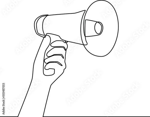 Continuous one line drawing hand hold a Toa to announcement . Digital marketing. Single line draw design vector graphic illustration.