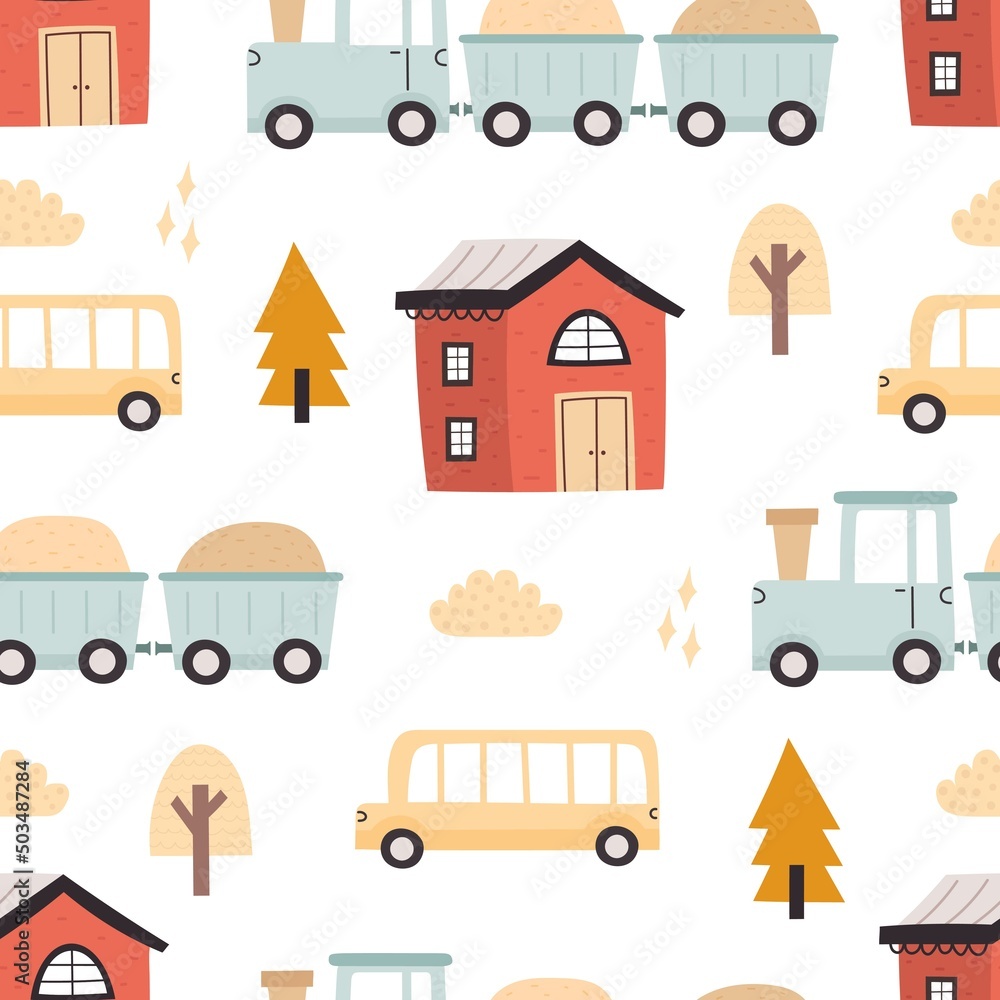 seamless pattern with cartoon houses, trees, bus, train, decor elements. colorful vector for kids, flat style. Baby design for fabric, textile, print, wrapper. seamless pattern with cartoon houses, trees, bus, train, decor elements. colorful vector for kids, flat style. Baby design for fabric, textile, print, wrapper.