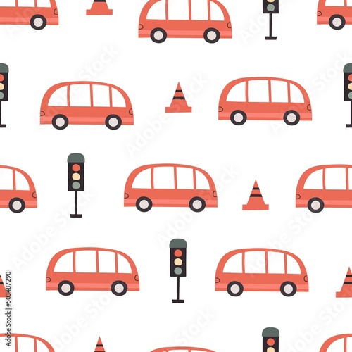 seamless pattern with cartoon buses, decor elements. Colorful vector flat style for kids. hand drawing. baby design for fabric, print, wrapper, textile