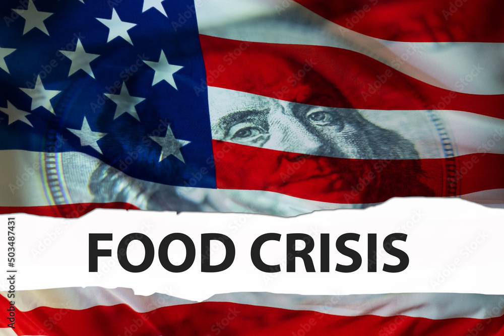 Food Crisis in USA. Concept of sharp increase in food prices. Rising cost of meal in stores. Words food crisis in front of flag of America. Portrait of Franklin on US money. Humanitarian crisis Food Crisis in USA. Concept of sharp increase in food prices. Rising cost of meal in stores. Words food crisis in front of flag of America. Portrait of Franklin on US money. Humanitarian crisis