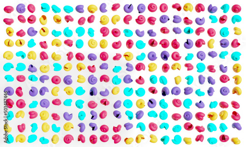 Multi colored snail shells background. 3d illustration.
