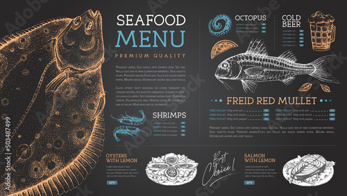 Chalk drawing seafood restaurant menu design with hand drawing fish. Vector illustration
