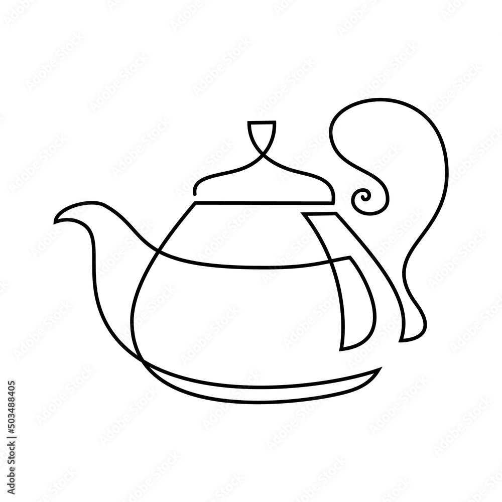 Teapot in continuous line art drawing style. Classic style teaware