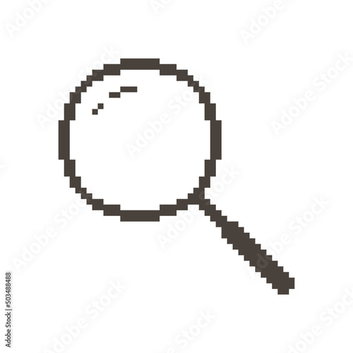 black and white simple vector pixel art sign of classic magnifier with handle