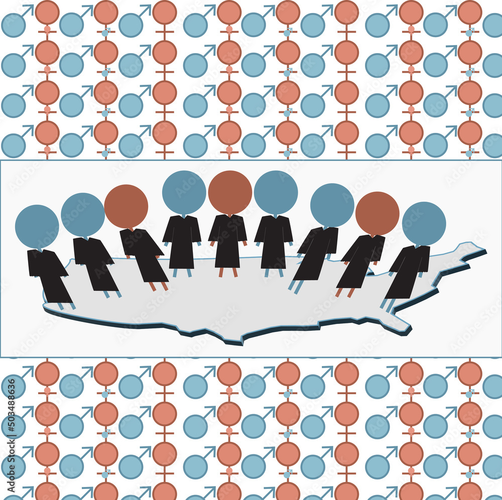 Obraz premium Current events topic of Roe v Wade with symbols for supreme court justices standing on the United States and the American public in pattern in background