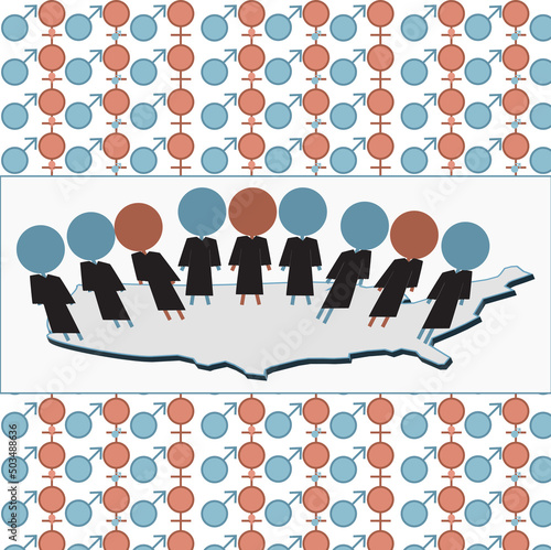 Current events topic of Roe v Wade with symbols for supreme court justices standing on the United States and the American public in pattern in background