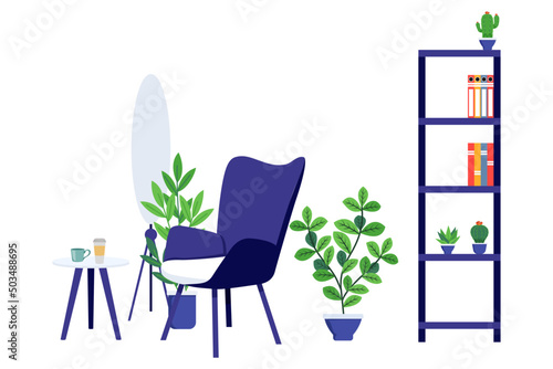 Modern living room work place for freelancer home office with floor lamp modern armchair and book and with house plant isolated on white
