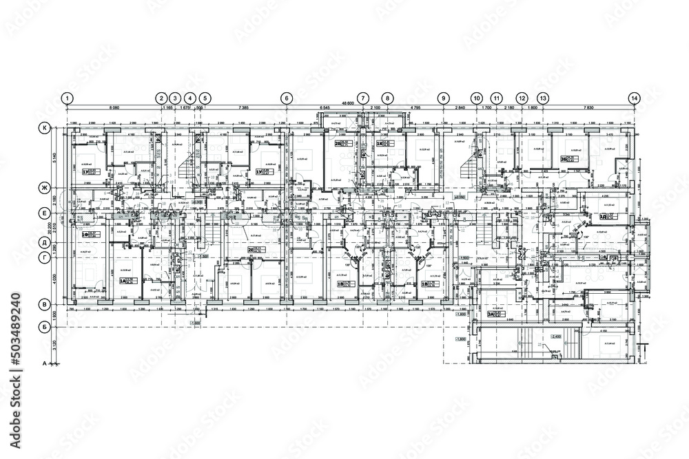 Fototapeta premium Multistory building detailed architectural technical drawing, vector blueprint floorplan layout