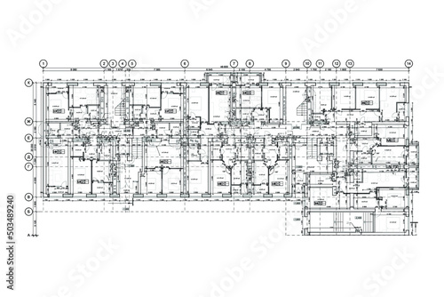 Multistory building detailed architectural technical drawing, vector blueprint floorplan layout