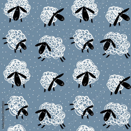 Sheep. Seamless vector pattern. Fabric or wrapping print with cute hand drawn sheep for kids.