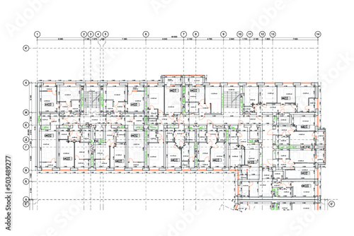 Multistory building detailed architectural technical drawing, vector blueprint floorplan layout