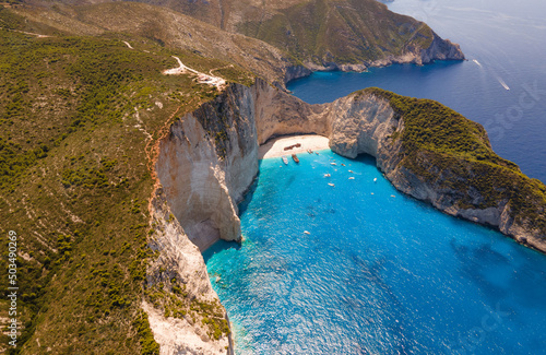 aerial shot of navagio (shipwreck) beach in zakynthos island, greece
