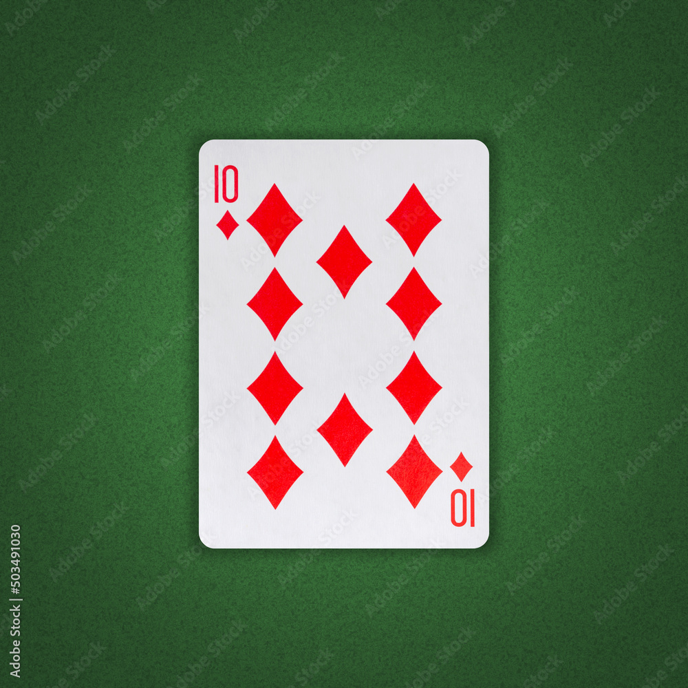 Ten of Diamonds on a green poker background. Gamble. Playing cards. Ten of Diamonds on a green poker background. Gamble. Playing cards.
