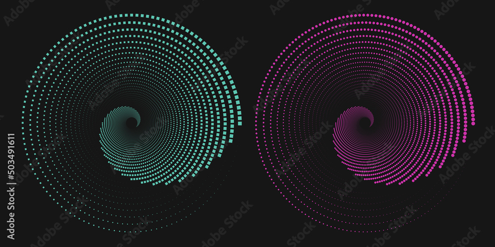 Obraz premium A set of twisted purple and turquoise lines of spherical and square shape. Vector 3d tunnel made of geometric shape. Abstract graphic spiral on a black background.