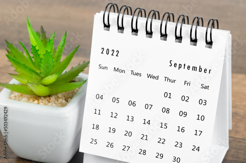 September 2022 desk calendar with plant pot on wooden table.