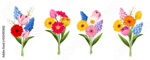 Foto Bouquets of colorful spring flowers isolated on a white background