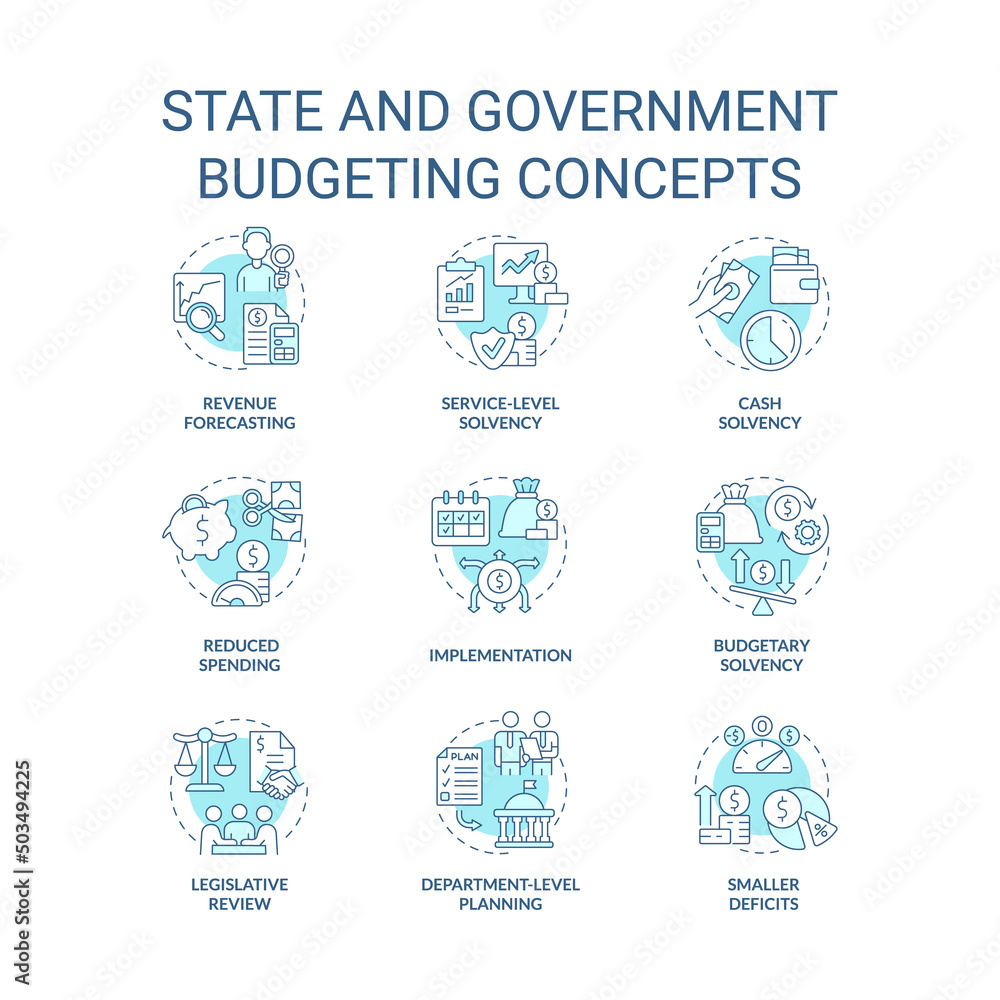 State and government budgeting turquoise concept icons set. Financial program idea thin line color illustrations. Isolated symbols. Editable stroke. Roboto-Medium, Myriad Pro-Bold fonts used