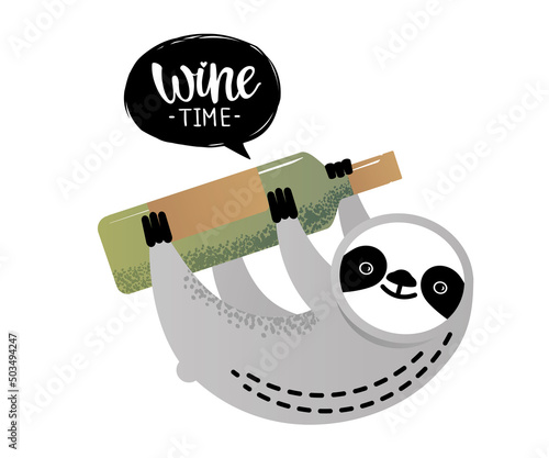 Cute vector sloth bear animal with a bottle of wine not lettering. Can be used for cards, flyers, posters, t-shirts.