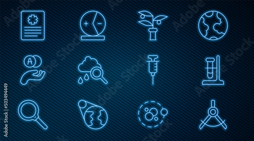 Set line Drawing compass, Test tube flask on stand, Plant breeding, Cloud with rain, Atom, Patient record, Syringe and icon. Vector
