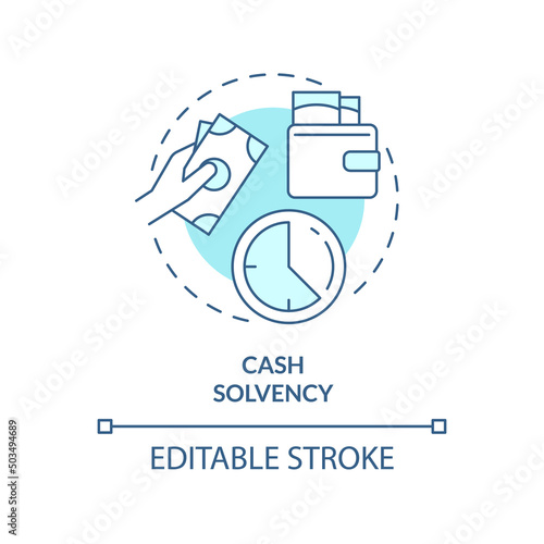 Cash solvency turquoise concept icon. Assets and liabilities. Budget balance abstract idea thin line illustration. Isolated outline drawing. Editable stroke. Arial, Myriad Pro-Bold fonts used