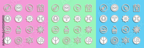 Set line Earth globe, Sun, Pisces zodiac, Venus symbol, Aries, Libra, Mars and Falling star icon. Vector