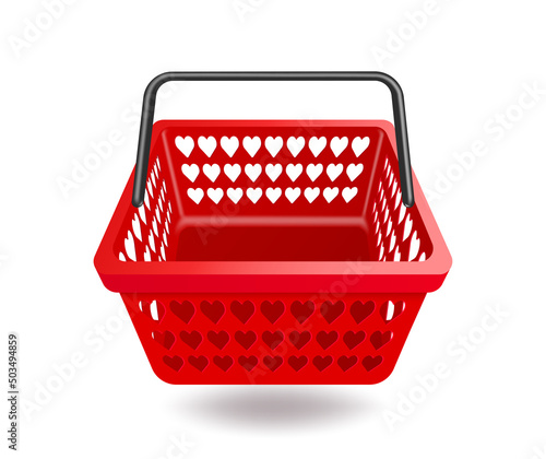 A red shopping basket with a heart shaped stencil floating on a white background,vector 3d isolated virtual for shopping advertising promotion sale design