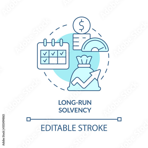 Long run solvency turquoise concept icon. Assets and liabilities. Budget balance abstract idea thin line illustration. Isolated outline drawing. Editable stroke. Arial, Myriad Pro-Bold fonts used