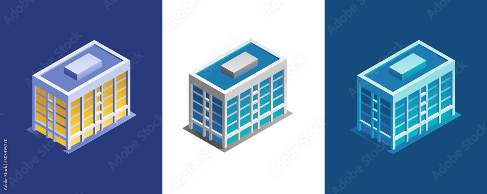 Office Building. Exterior of an urban building, represented in isometric projection and different color variations.