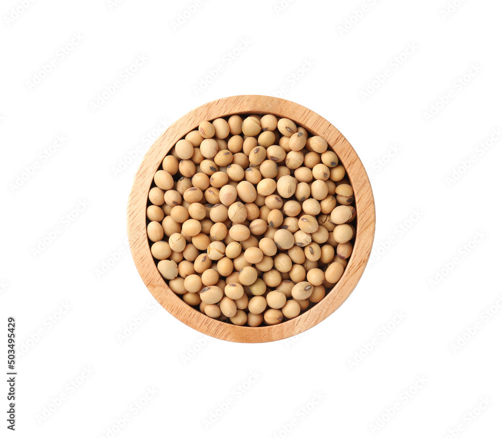 Soybeans in wooden bowl isolated on white background. Top view Soybeans in wooden bowl isolated on white background. Top view
