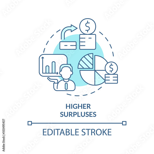 Higher surpluses turquoise concept icon. Balanced budget requirement abstract idea thin line illustration. Isolated outline drawing. Editable stroke. Arial, Myriad Pro-Bold fonts used photo