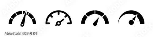 Speedometer icon set. Gauge, dashboard, scale, meter level. Speed indicator sign with arrow. Vector illustration.