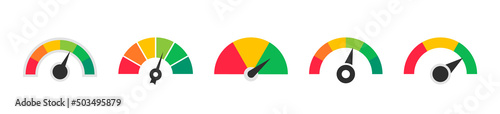 Speedometer icons. Colored scale speedometers. Gauge, dashboard, scale, indicator. Customer satisfaction level meter. Vector illustration.