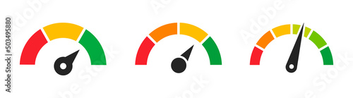Speedometer icons. Colored scale speedometers. Gauge, dashboard, scale, indicator. Customer satisfaction level meter. Vector illustration.