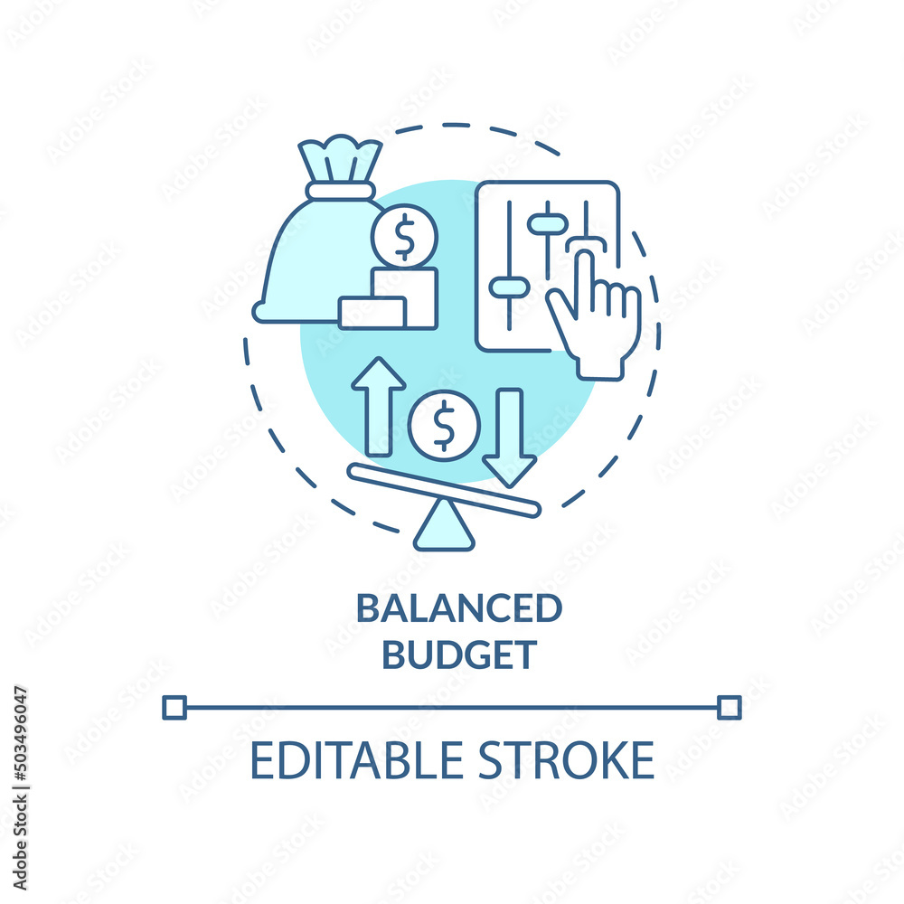 Balanced budget turquoise concept icon. Income equals expenditures. Budgeting abstract idea thin line illustration. Isolated outline drawing. Editable stroke. Arial, Myriad Pro-Bold fonts used Balanced budget turquoise concept icon. Income equals expenditures. Budgeting abstract idea thin line illustration. Isolated outline drawing. Editable stroke. Arial, Myriad Pro-Bold fonts used