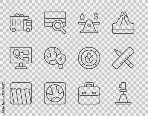 Set line Ground, Tacheometer, theodolite, Oil money, Earth globe, Mining dump truck, Global planet with bulb, Briefcase and Crossed ruler and pencil icon. Vector