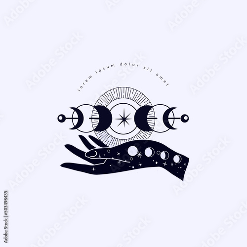 Spiritual esoteric magic logo or talisman with woman hands in silhouette style with stars, sacred geometry moon and sun. Alchemy mystic tattoo object logo template. Vector
