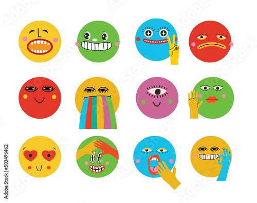 Collection of crazy Abstract comic characters geometric elements and faces. Bright colors Cartoon style. Vector Illustration