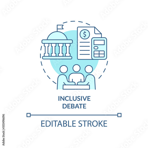 Inclusive debate turquoise concept icon. Principle of budget planning abstract idea thin line illustration. Isolated outline drawing. Editable stroke. Arial, Myriad Pro-Bold fonts used